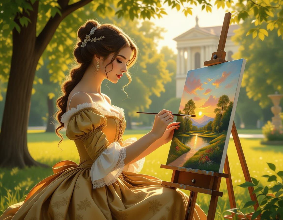 Renaissance Woman Painting Landscape in Michelangelo Style