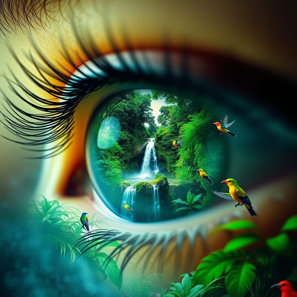 Double exposure, surrealism, close-up. Inside a green eyes a stunning luxuriante jungle with waterfall, birds