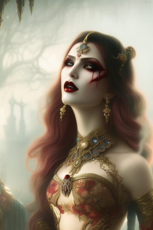 Hungarian Vampire Lady with Ornamental Art Background