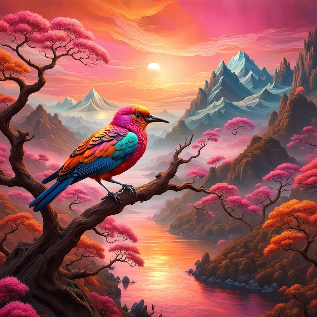 Bird on Branch with Epic Scenery, Graffiti Art