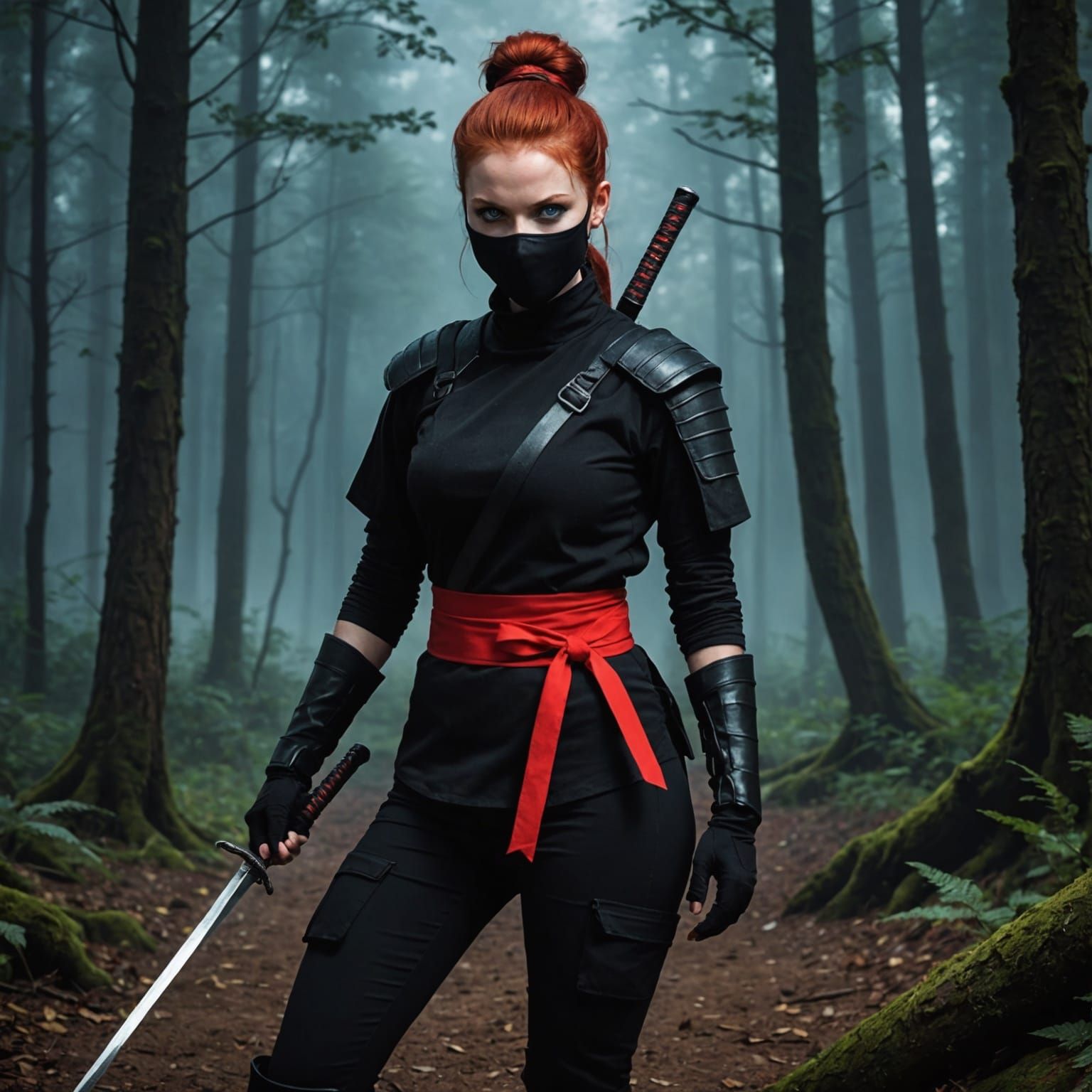 Female Ninja Approaching Village at Night