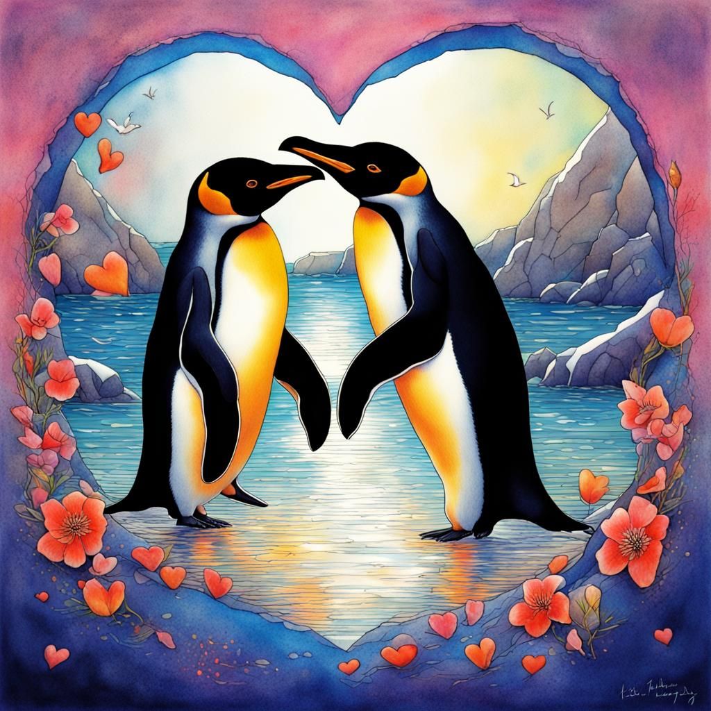 Penguin Lovers in Heart Shape: Vibrant Ink Illustration