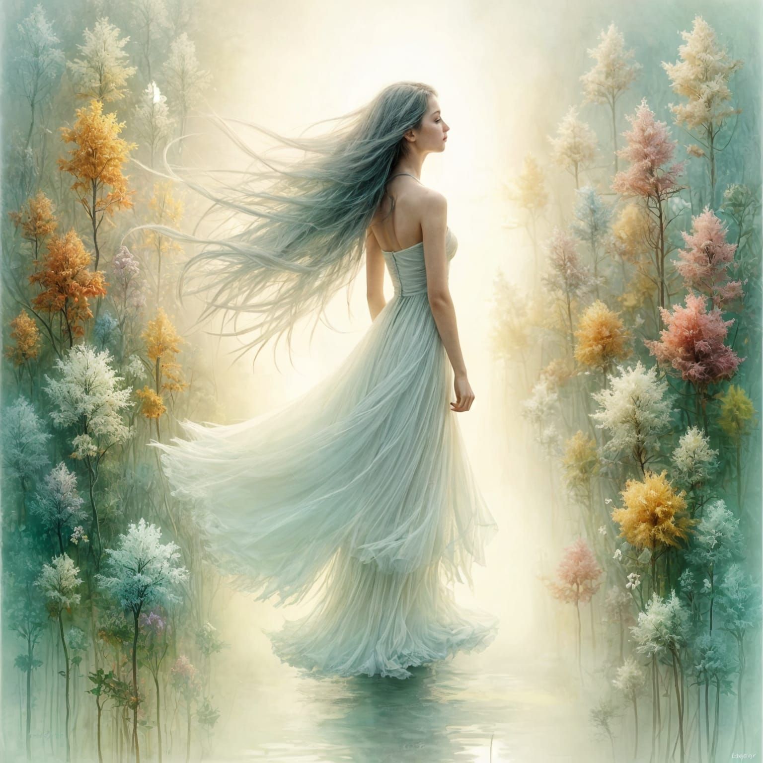 Dreamlike Woman in Watercolor Liminal Space