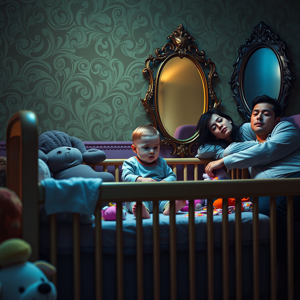 Tired Parents and Toddler in Dreamlike Nursery
