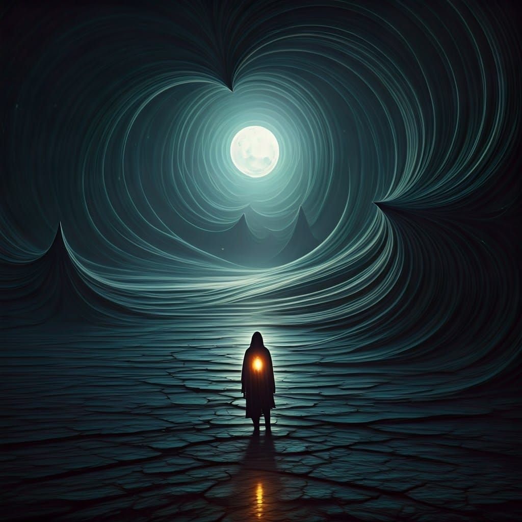 Ethereal Figure in Moonlit Surrealist Landscape