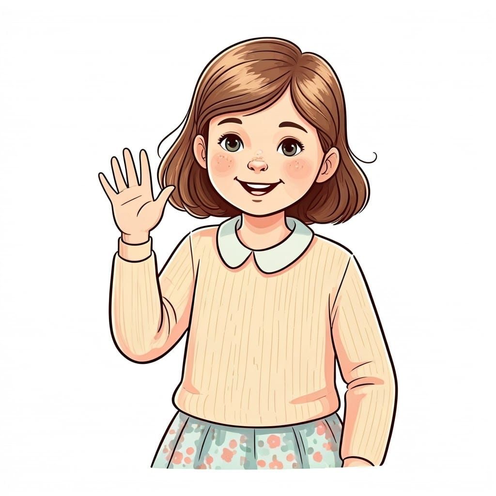 Delightful Girl Waves Hello in Whimsical Style