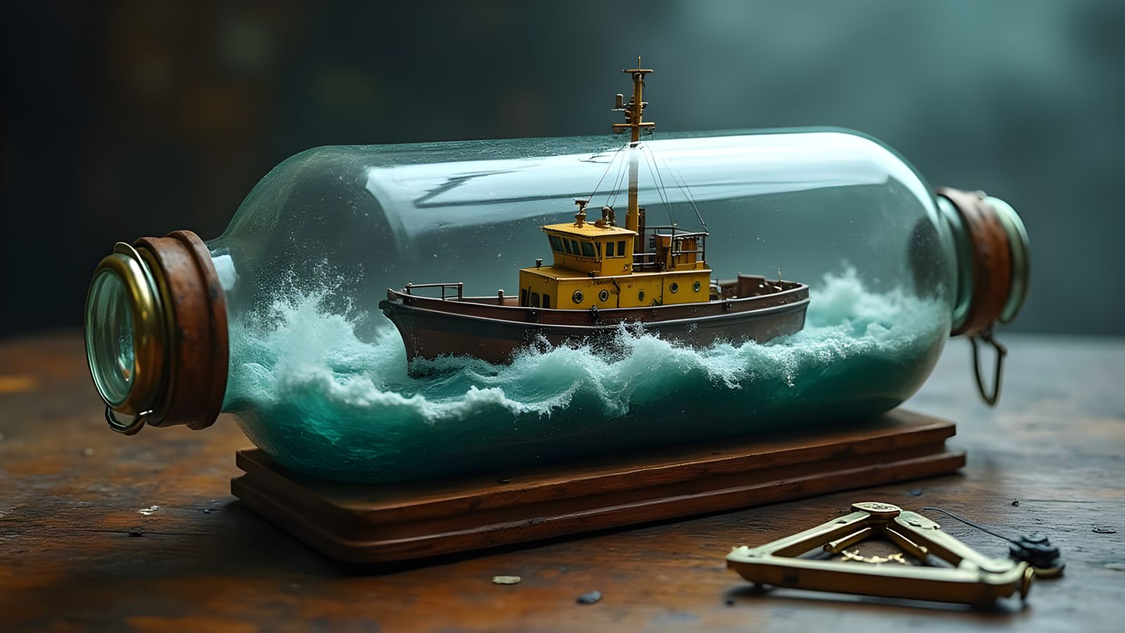 Vintage Tugboat in a Stormy Sea Scene, with Compass and Sext...