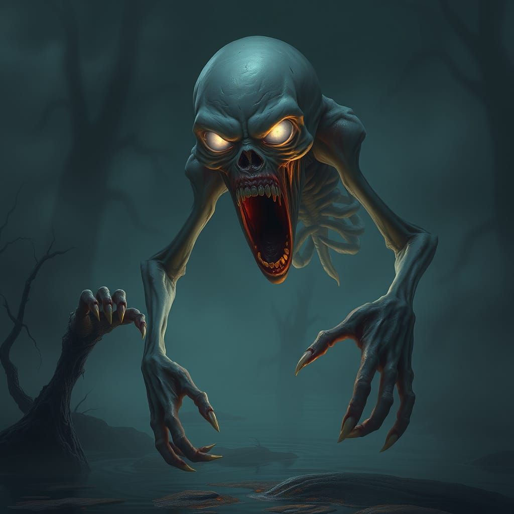 Ethereal Humanoid in Desolate Swamp Landscape, Frozen in Ago...