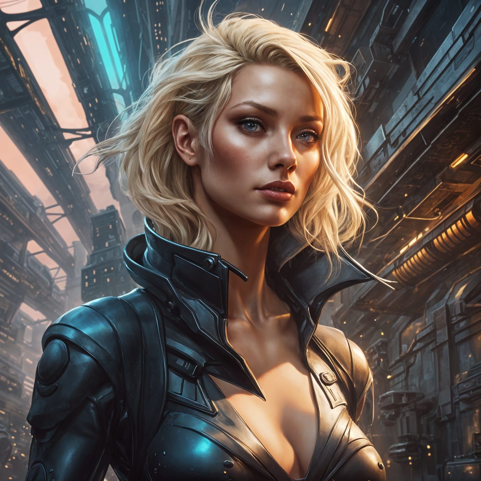 Noir Goddess with Alien Creature in Cityscape