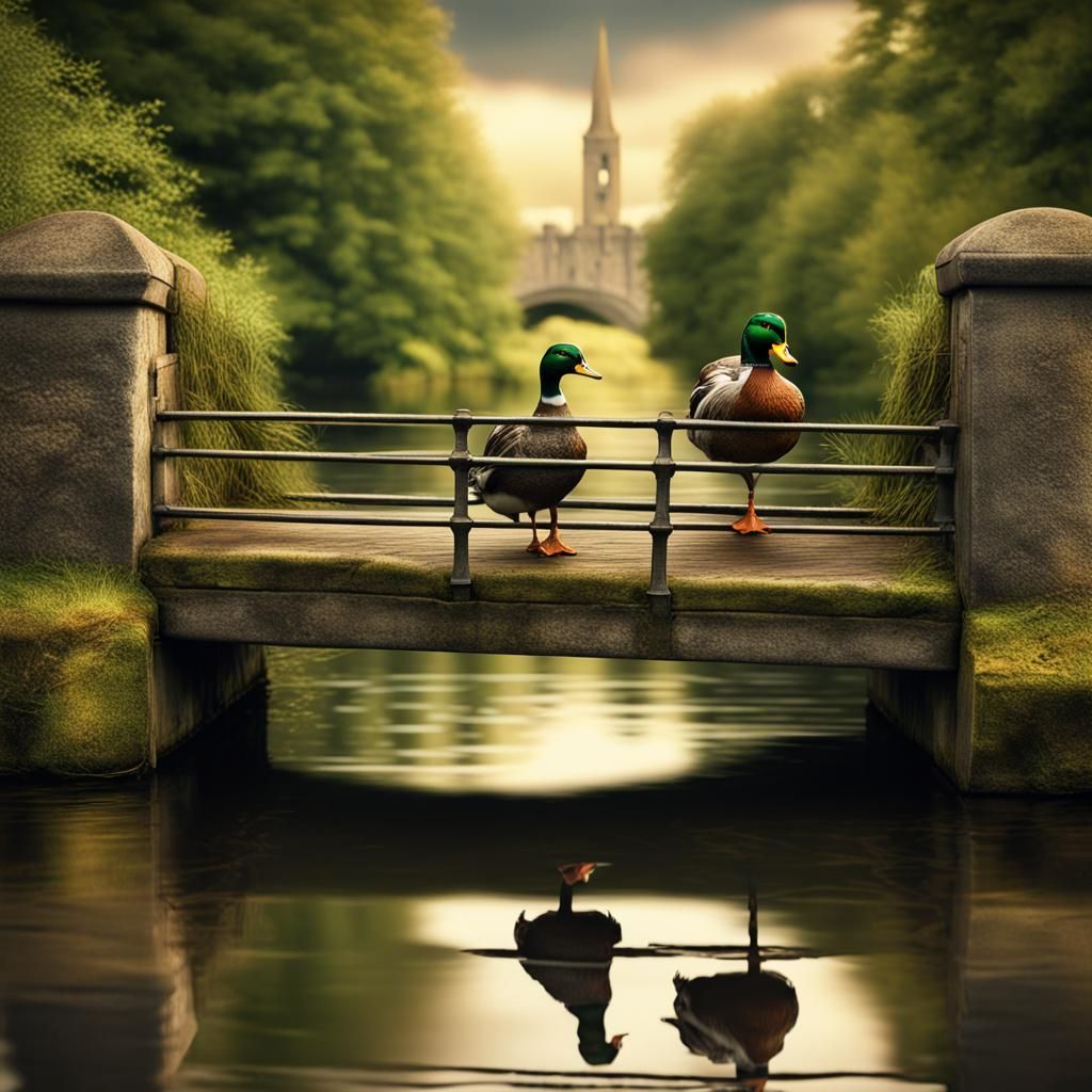 Ducks on Bridge in Ireland: Hyperrealistic Splash Art