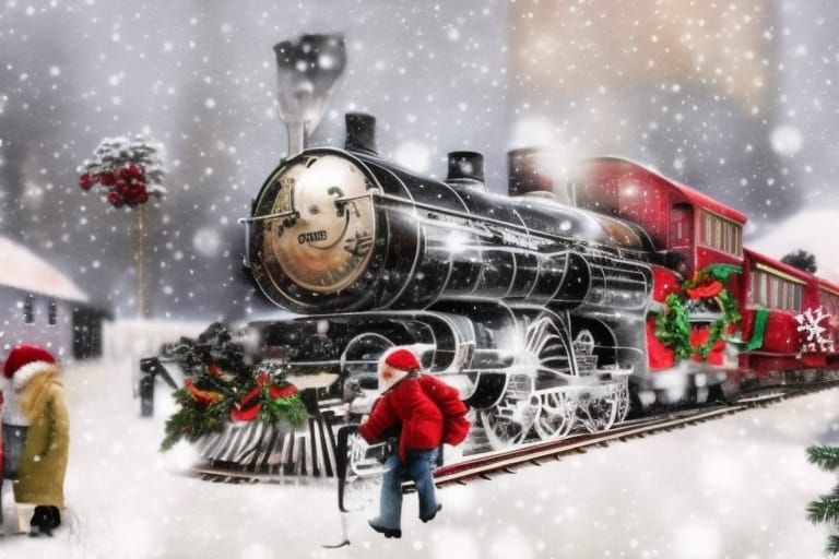 Festive Christmas Train Arriving in Winter Snow