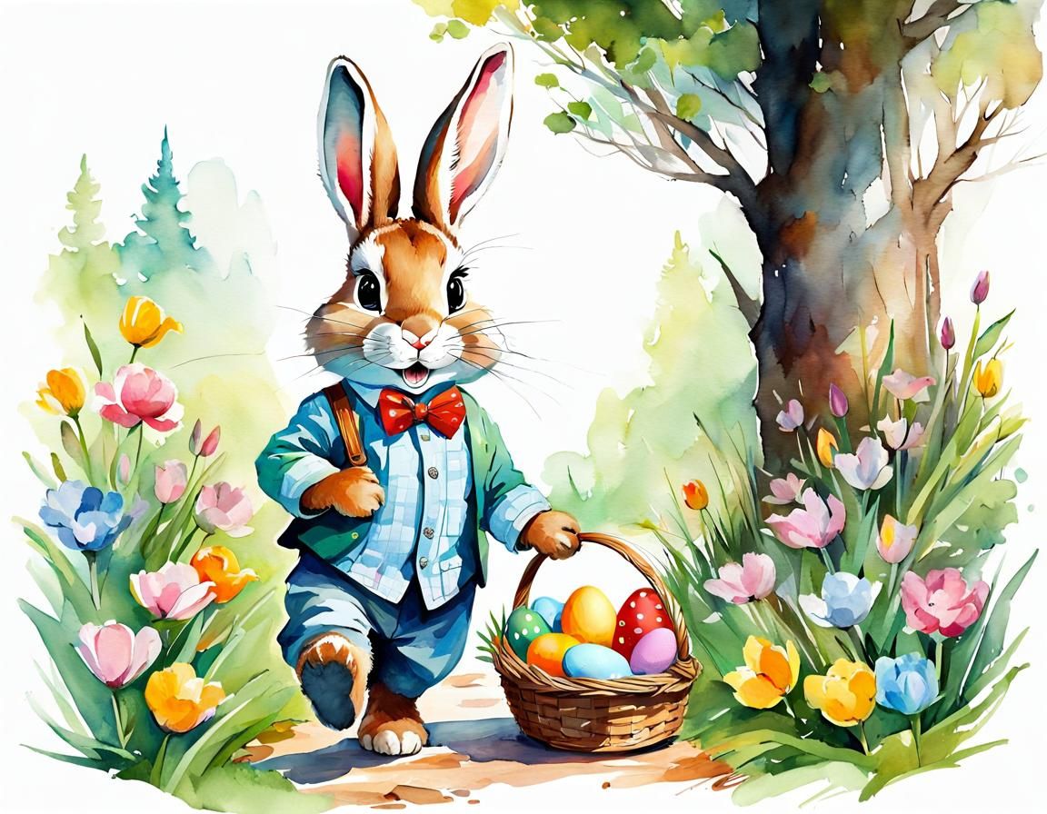 Whimsical Easter Bunny in Watercolor Impressionism