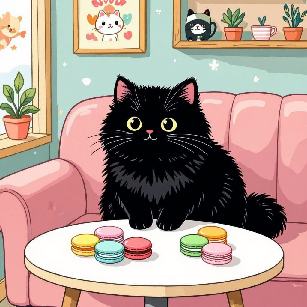 Fluffy Cat in Cozy Cafe: Whimsical Cartoon Art
