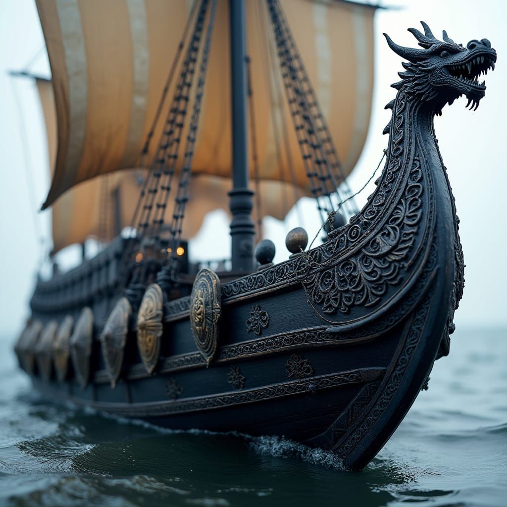 Ornate Viking Longship in Gritty Line Art Style