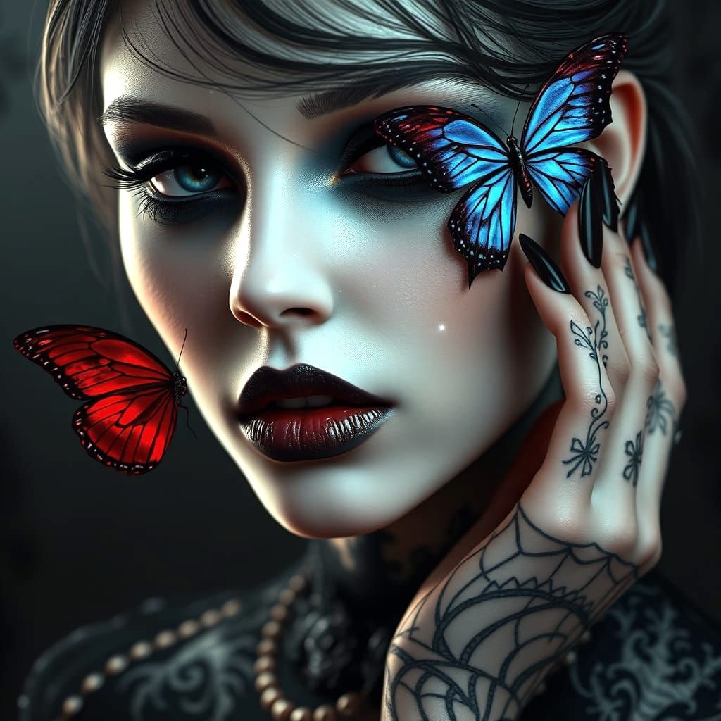 Ethereal Gothic Goddess with Dark Makeup and Intricate Tatto...