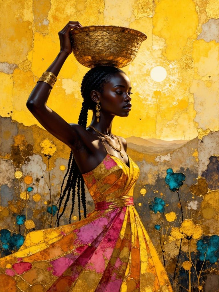 African Woman Balances Basket in Sunlit Village