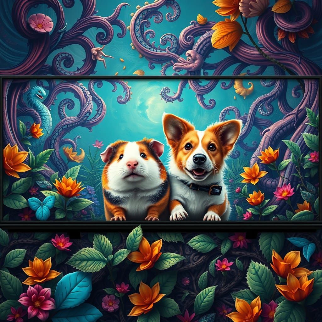Whimsical Billboard Art Featuring Guinea Pig and Dog