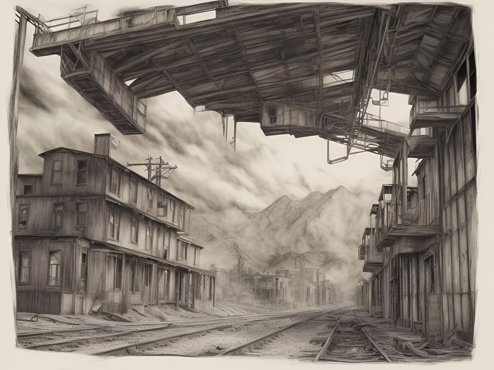 Abandoned Mining Town: Last Train Out Charcoal Drawing
