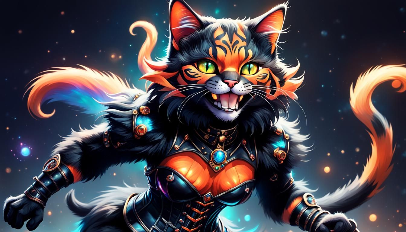 Joyful Muscled Cat-Woman in Astral Illustration Style