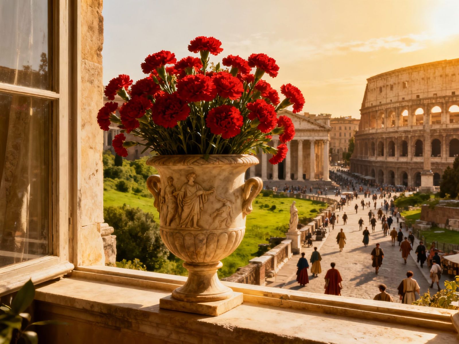Roman Urn of Red Carnations Overlooking Ancient City