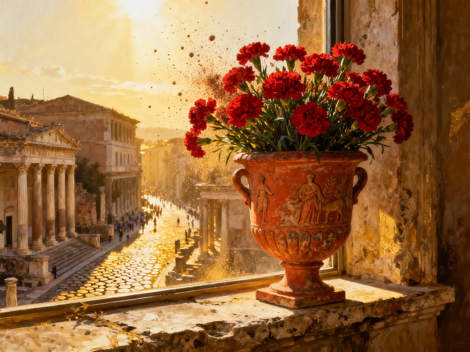Ornate Roman Urn of Red Carnations on Sunlit Roman Street