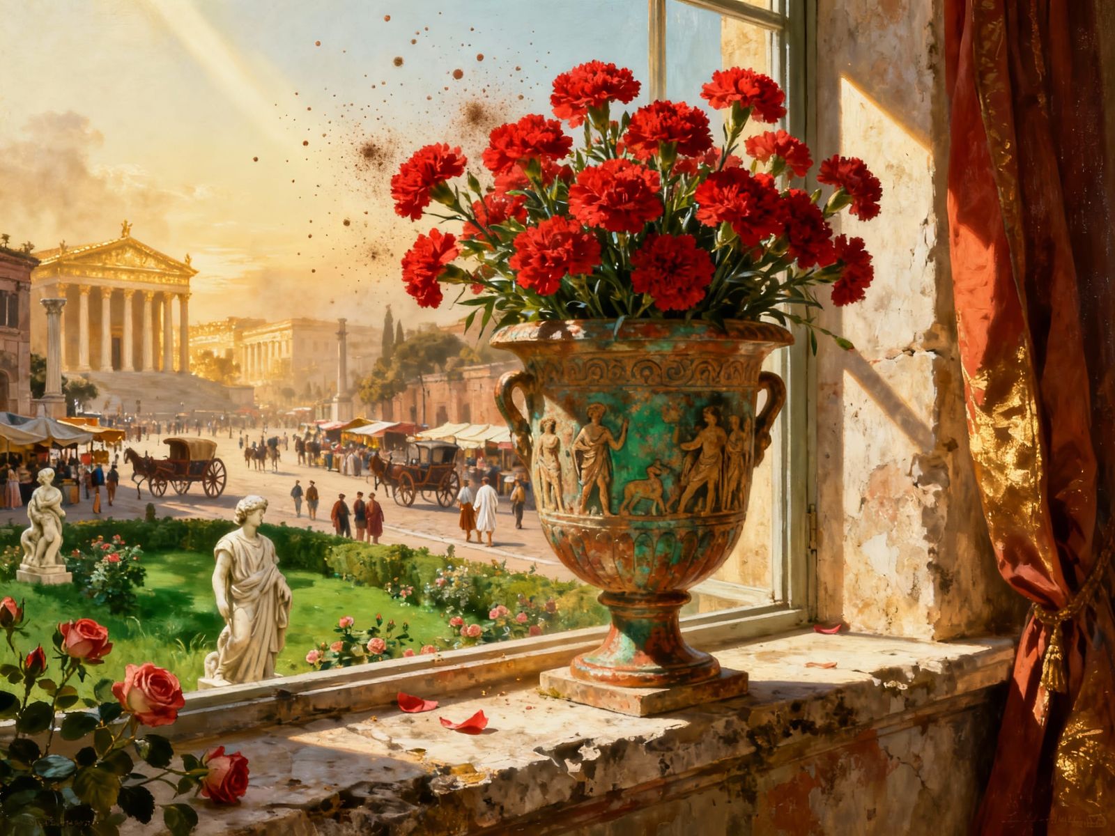Roman Urn of Red Carnations in Golden Hour Light