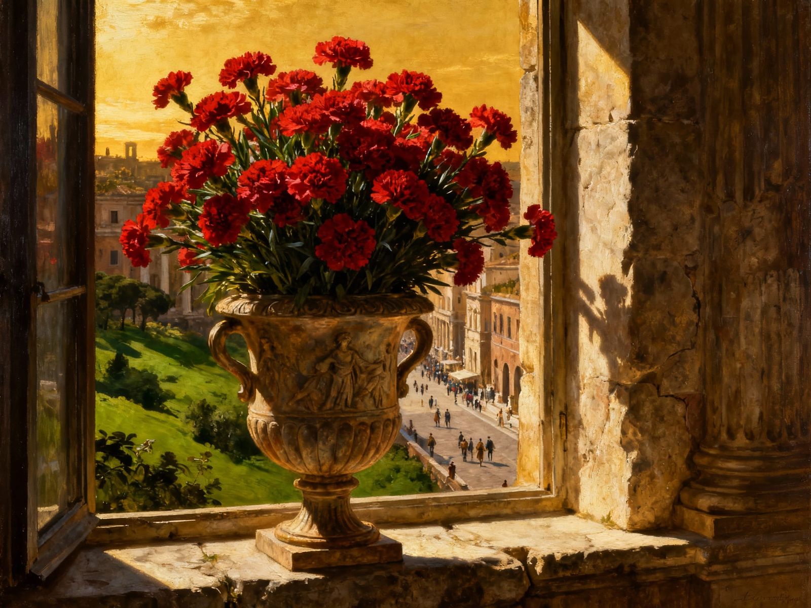 Roman Urn of Red Carnations in Sunlight