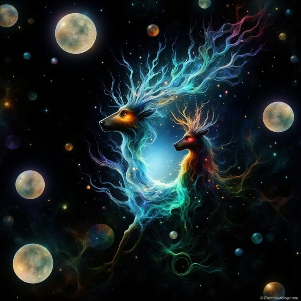 Mystical Deer in Watercolor Style with Fairies