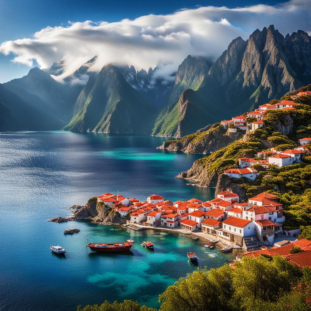 Picturesque Coastal Village with Jagged Mountains