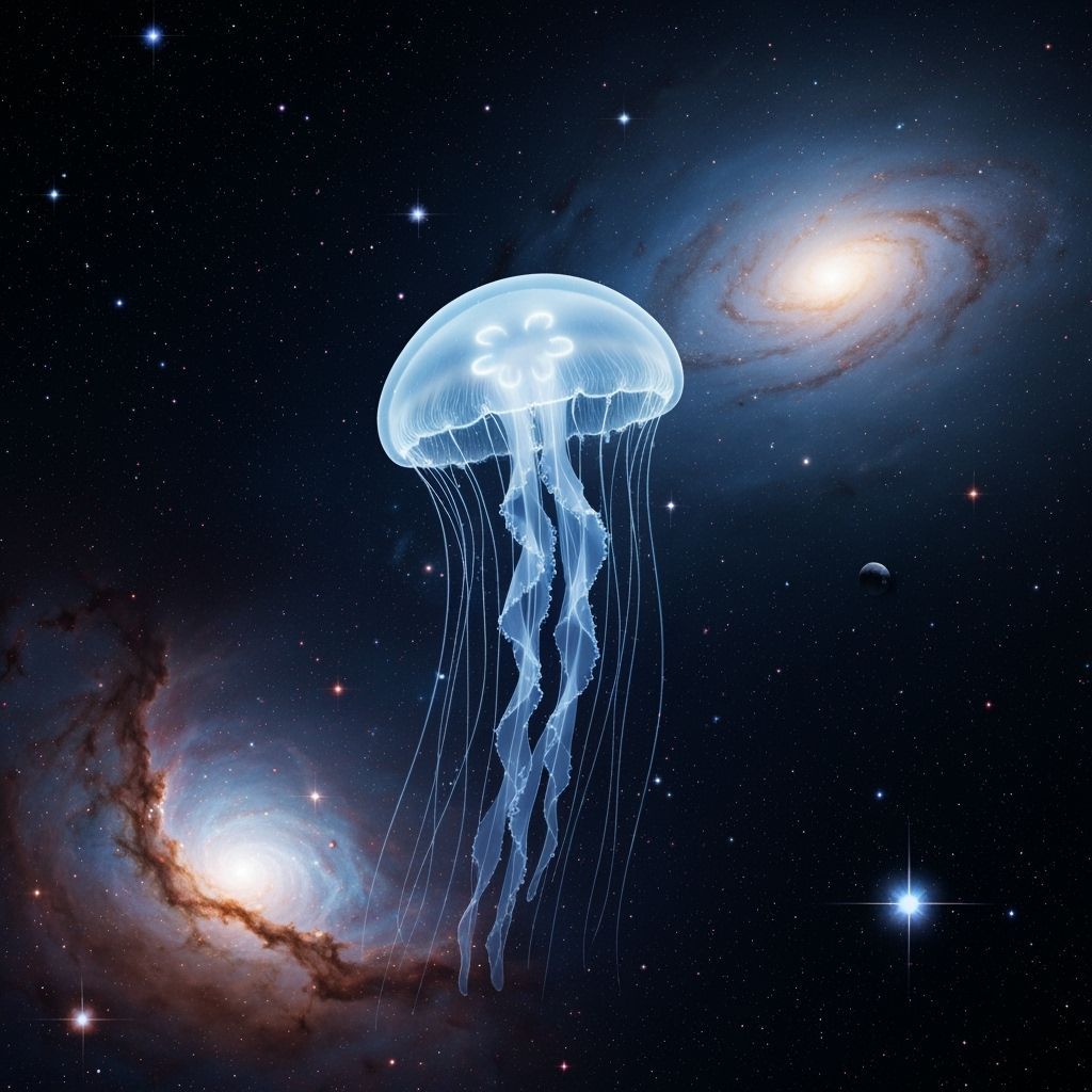 Bioluminescent Jellyfish Drifting Through Deep Space