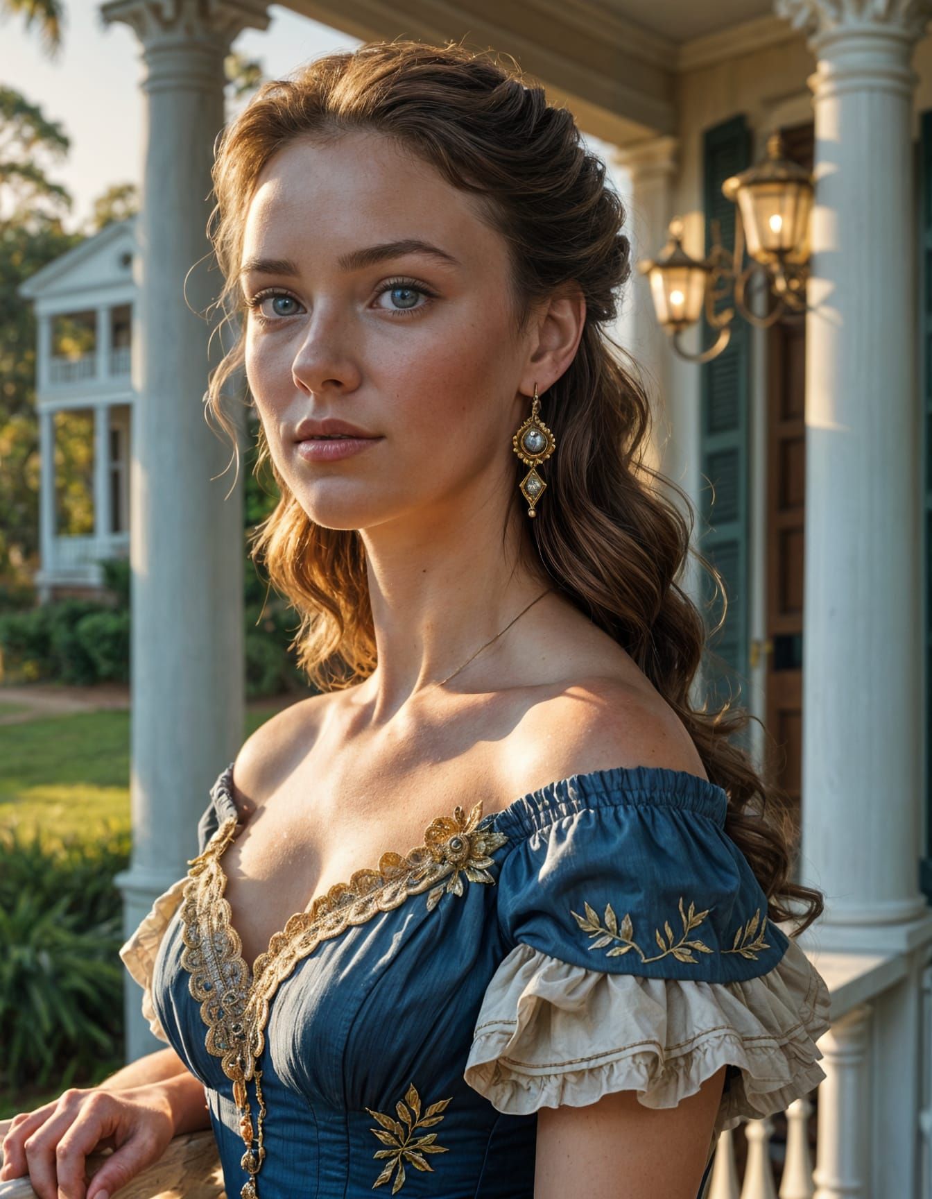 Young Woman on Balcony at Golden Hour: Realistic Portrait