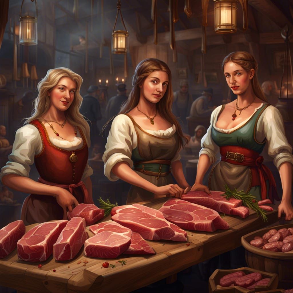 Lively Medieval Meat Market Scene with Women