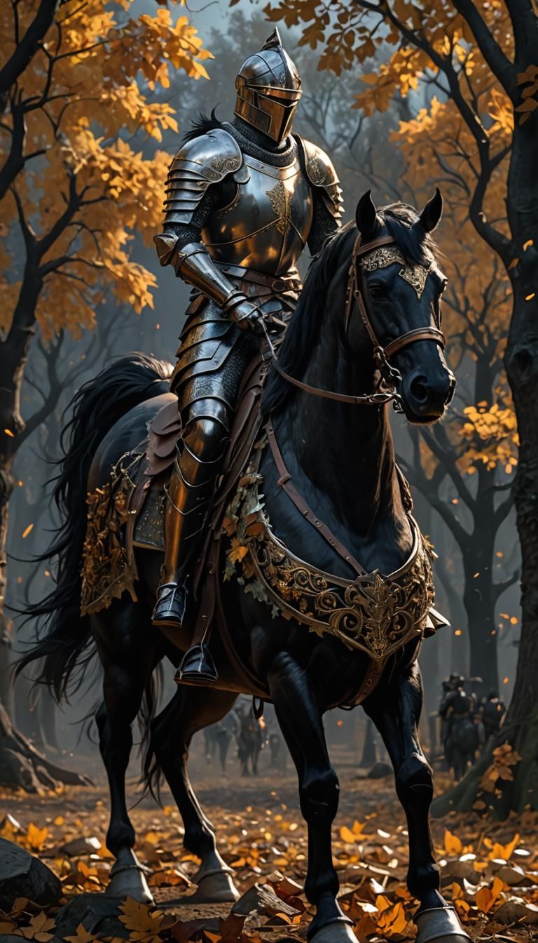 Armored Knight Rearing Up in Autumn Night