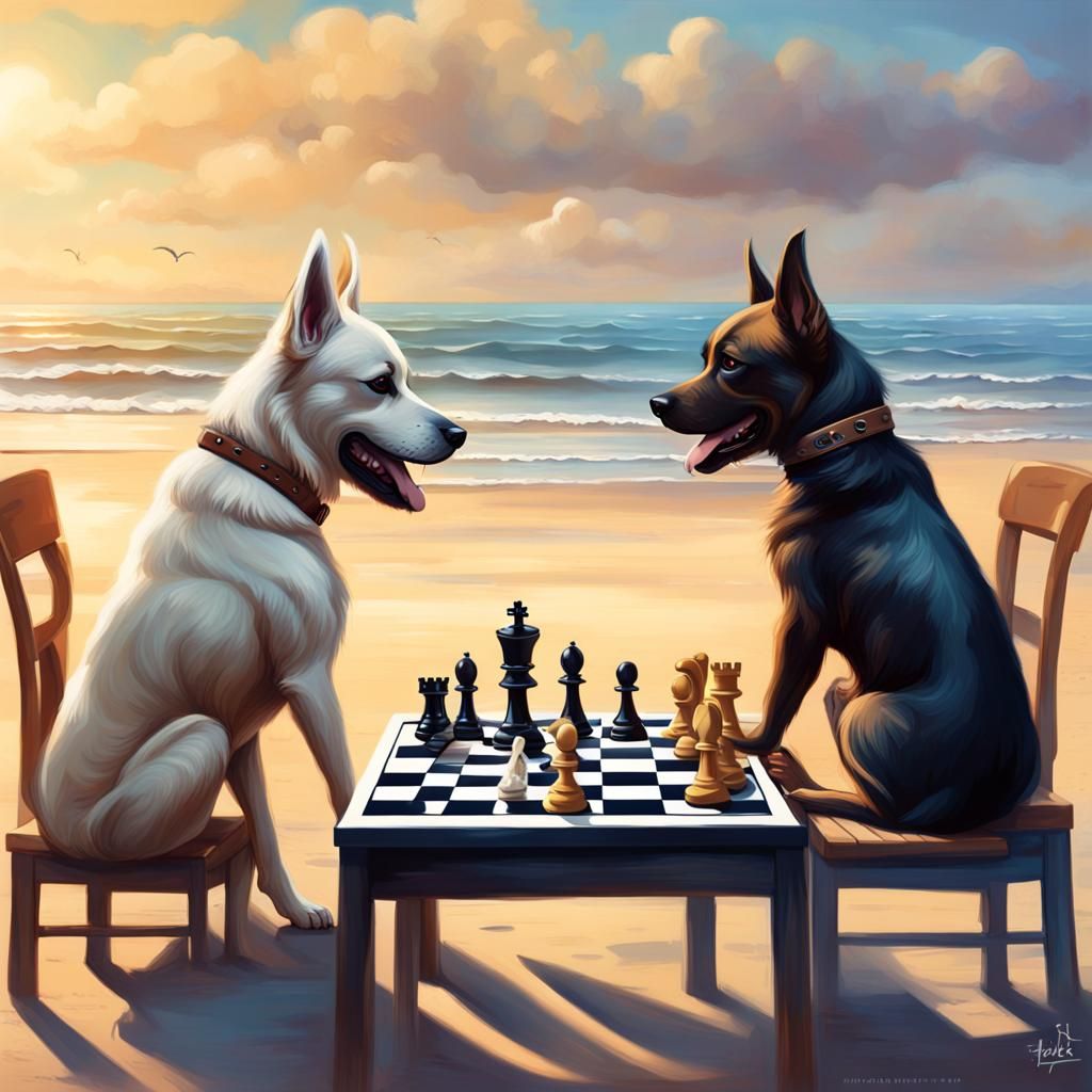 Hyperrealistic Dogs Play Chess on a Beach