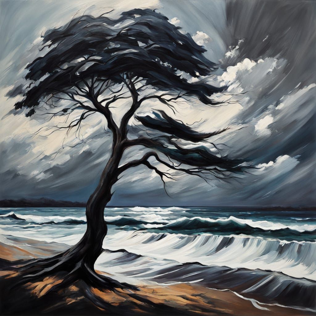 Dramatic Coastal Trees in Oil Painting Style