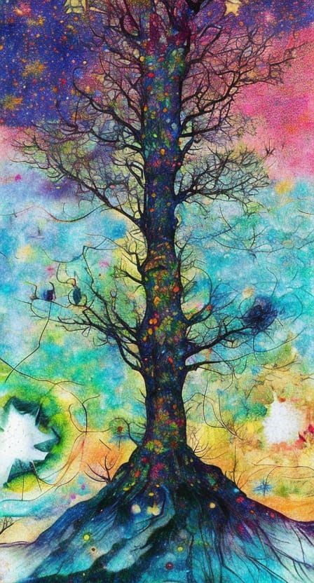 Rainbow Star Tree: A Surreal Mixed Media Painting