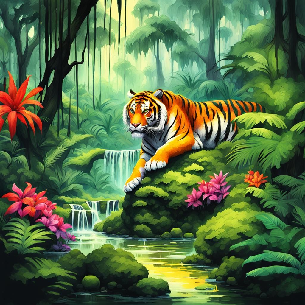 Rainforest Tiger: Ink Wash Painting in Dark Fantasy Style