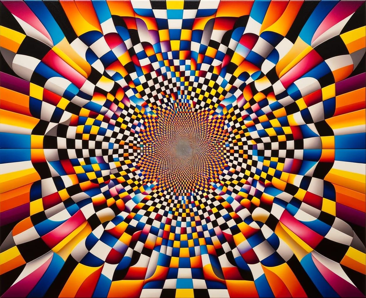 Bright Gingham Pattern Optical Illusion in Mid Century Style