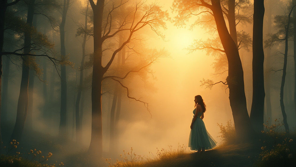 Ethereal Woman in Luminous Forest Landscape