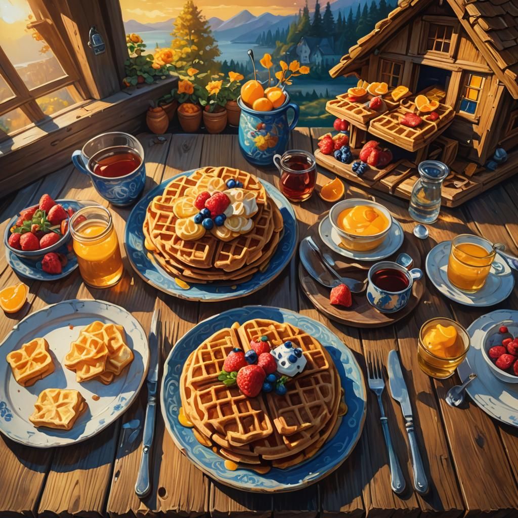 Cozy Cottage: Bread and Waffles in Oil Painting