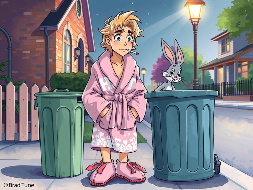 Brad Pitt, age 25, wearing a very short pastel pink bathrobe that says "HOT" and plushie pastel pink novelty rabbit slip...