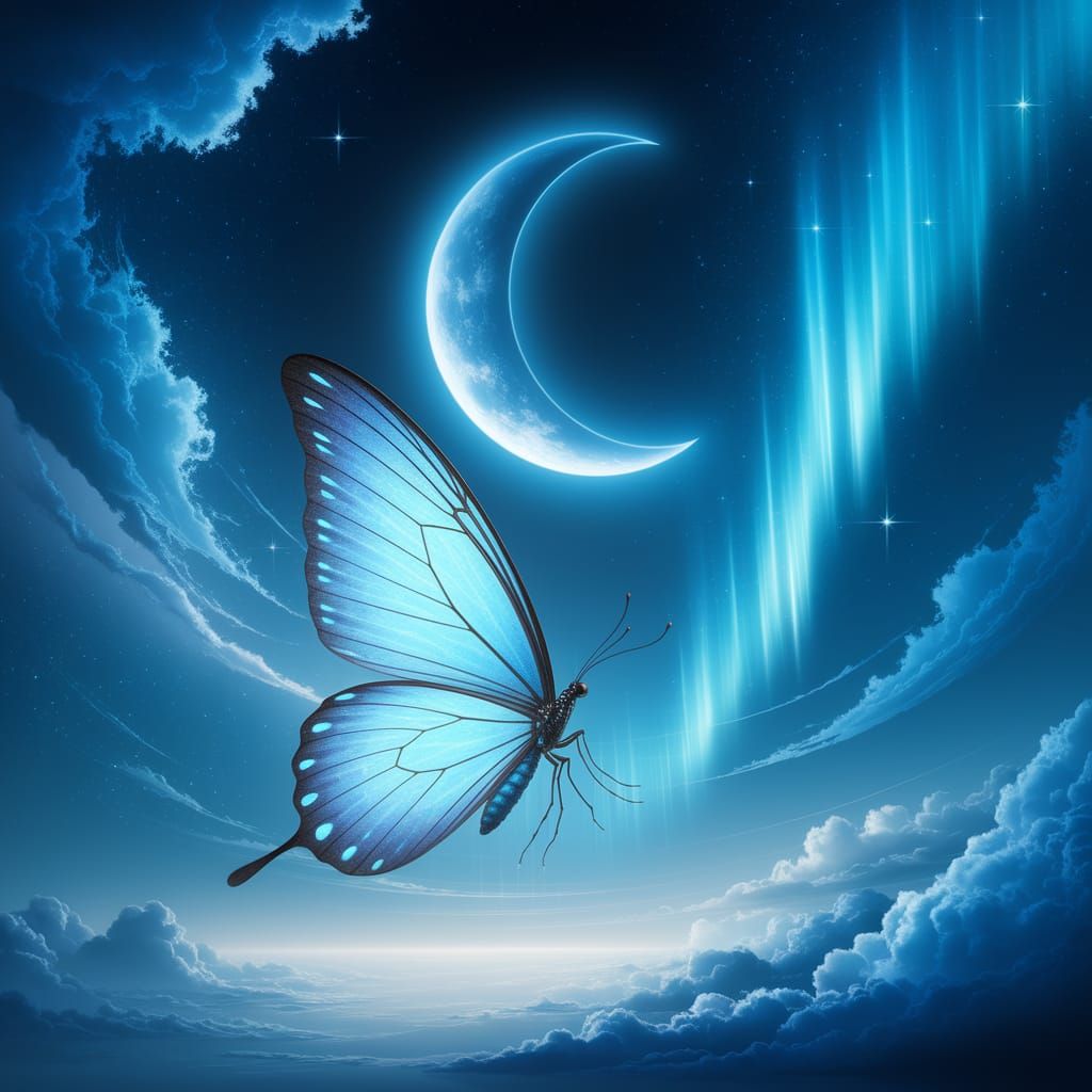 Luminous Blue Butterfly in Dreamlike Night Sky