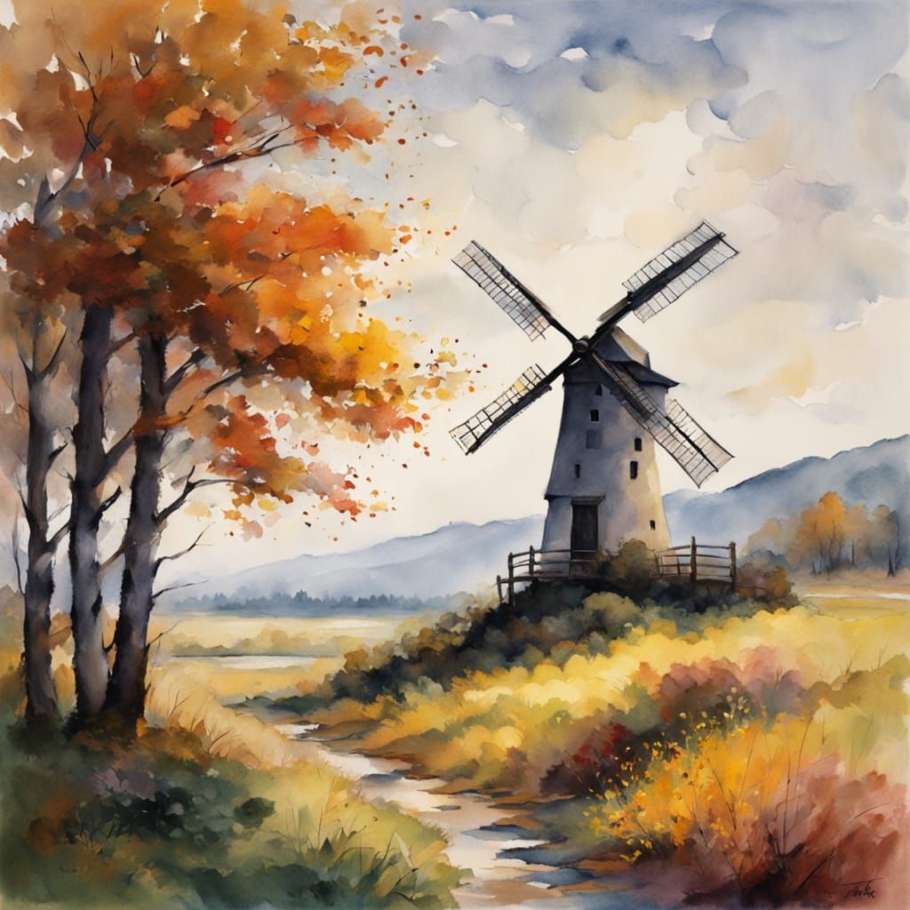 Watercolor Windmill on Cliff at Autumn Sunrise