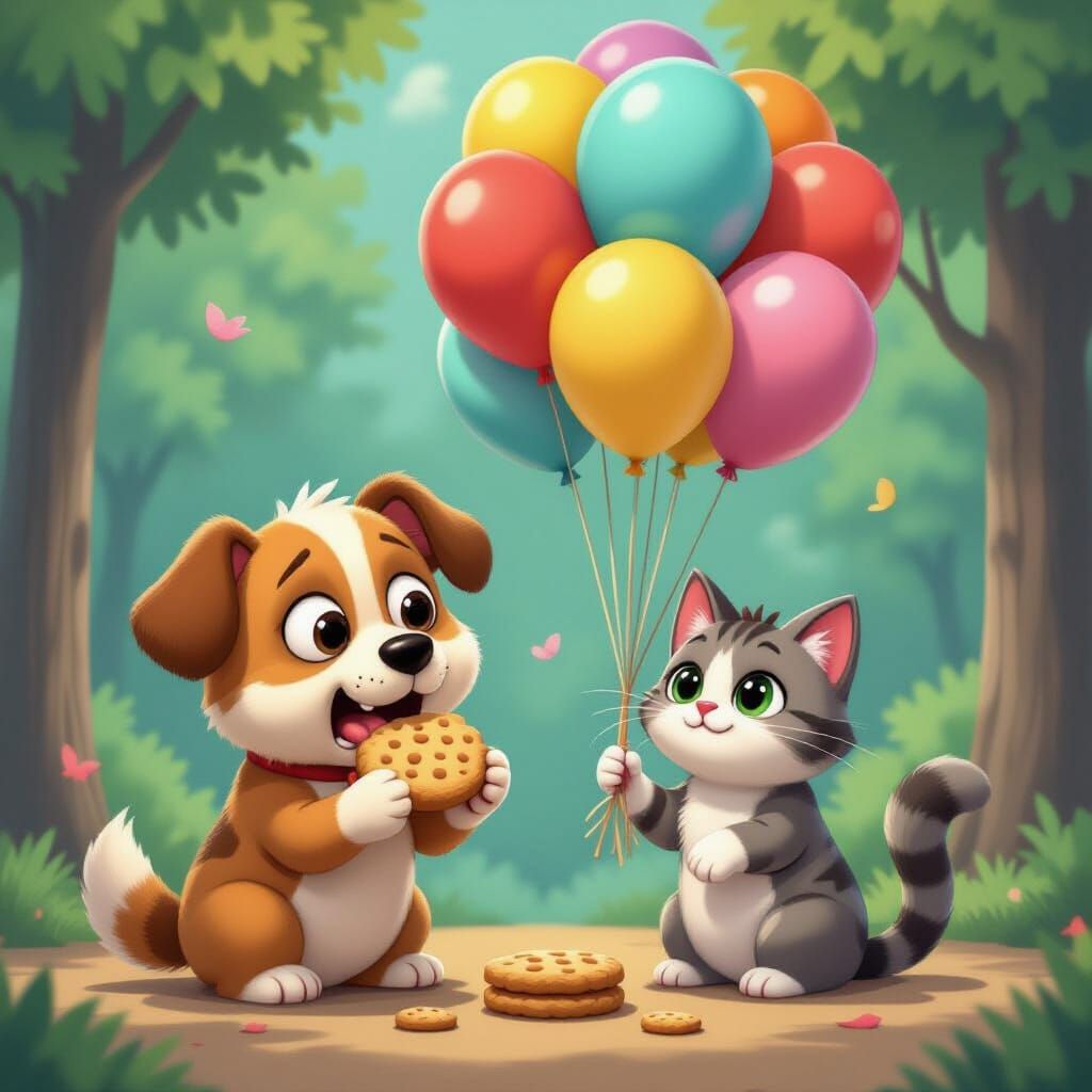 Nervous Dog Guards Biscuit From Floating Cat in Pastel Carto...