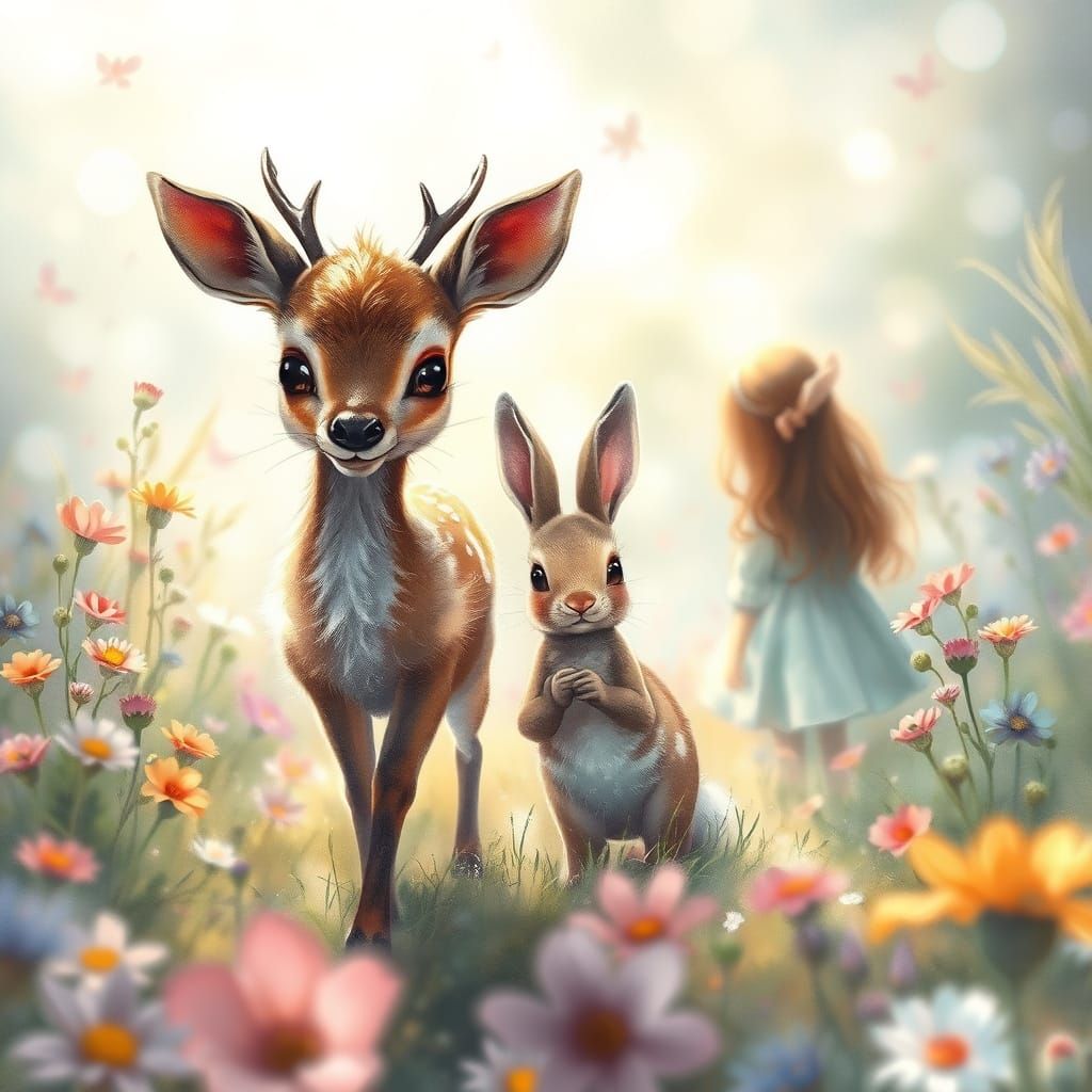 Whimsical Girl With Deer & Bunny in Surreal Flower Meadow