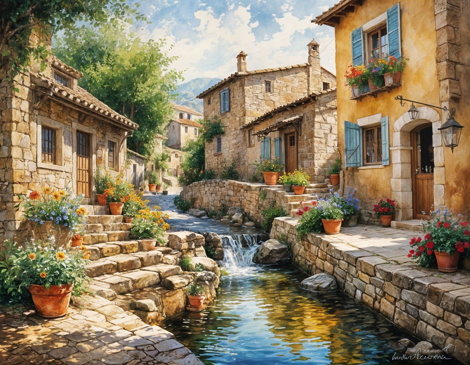 Spanish Village in Summer Sunlight: Watercolor Painting