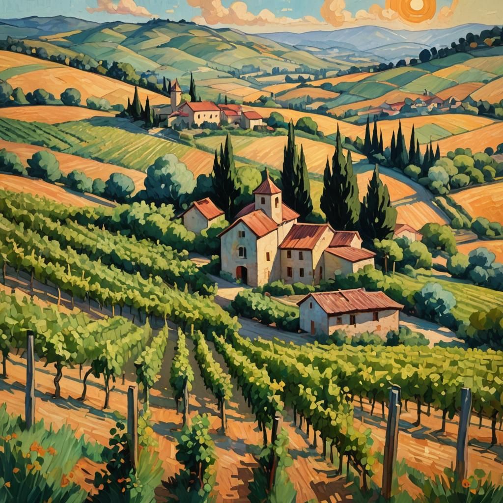 Impressionist Winery Landscape at Golden Hour