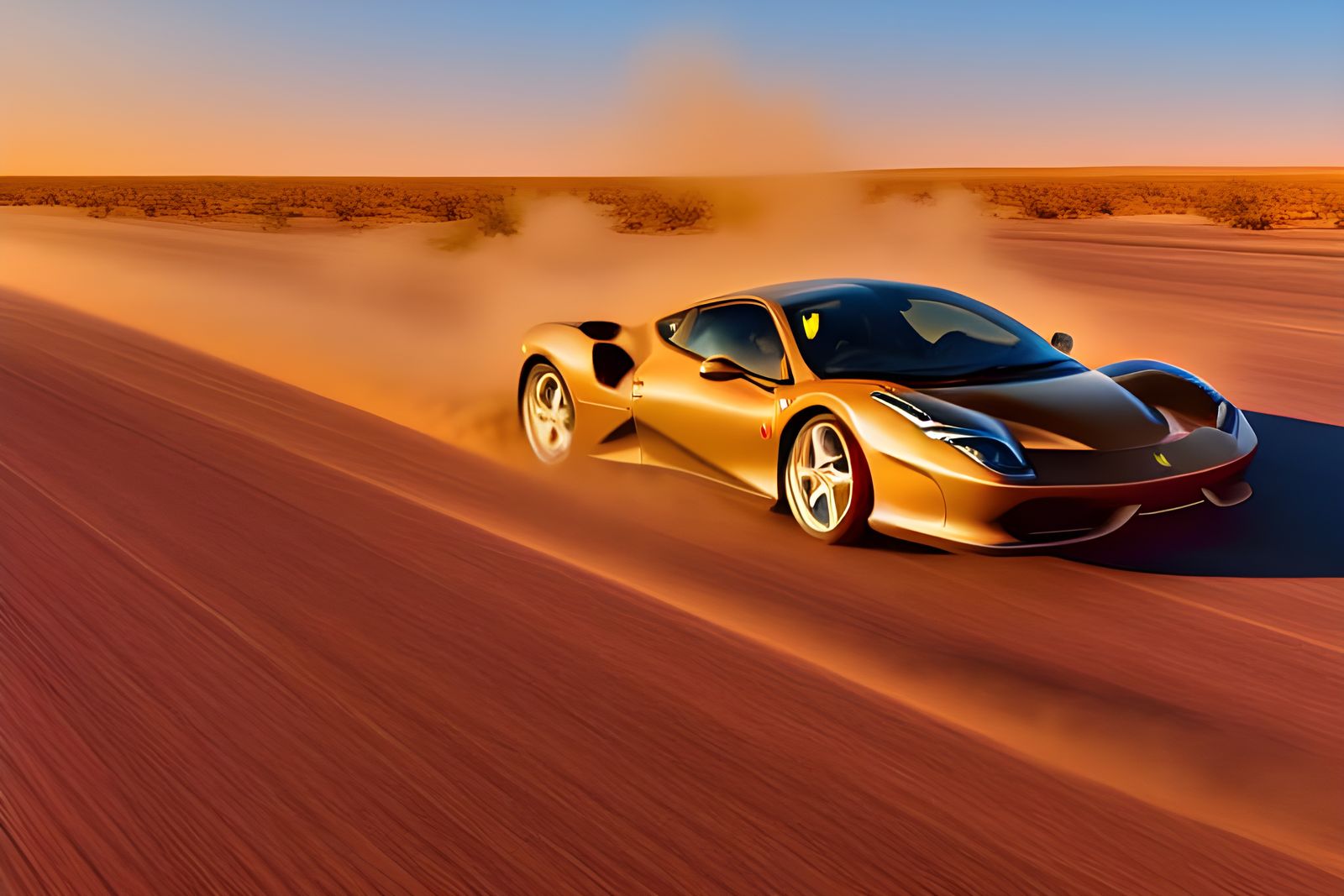 Ferrari in Desert Landscape at Golden Hour