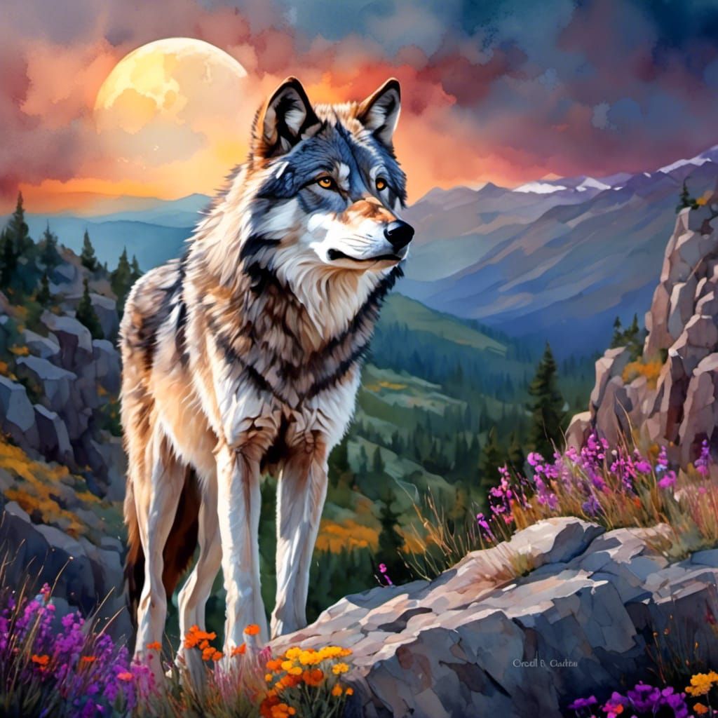 Grey Wolf Portrait in Antique Watercolor Style