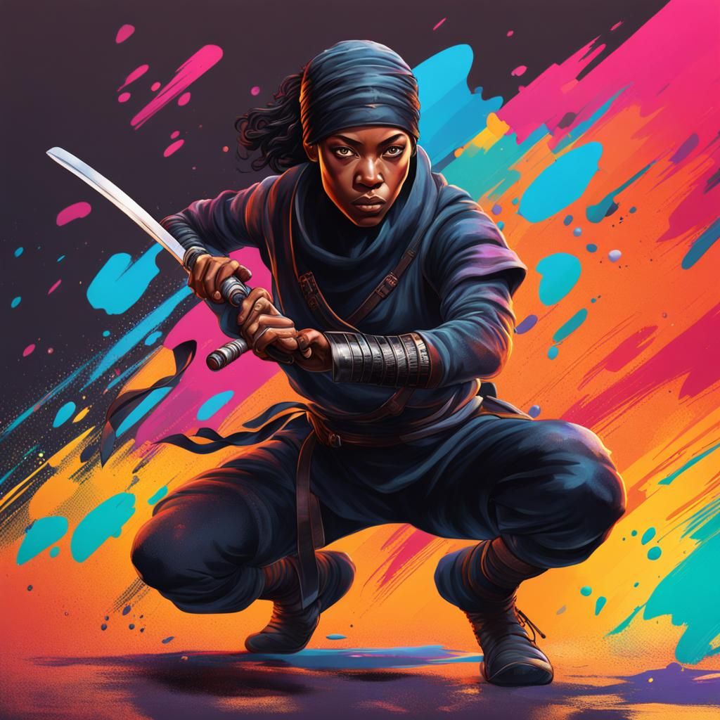 Hyperrealistic Black Female Ninja in Splash Art Style